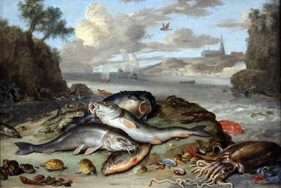 Still Life with Fish and Sea Creatures in a Coastal Landscape by Jan van Kessel the Elder